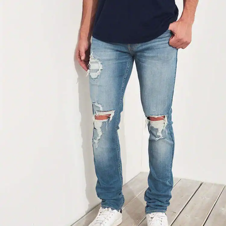 Jeans skinny taille moyenne pour hommes, écussons de style vieilli, braguette à glissière, fournisseurs de vêtements durables, vente en gros