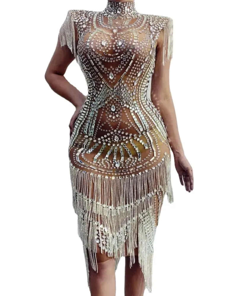 New Sparkly Crystals Party Gown Stretch Mesh Sexy Short Cocktail Dress compleanno Short Prom strass abiti con perline