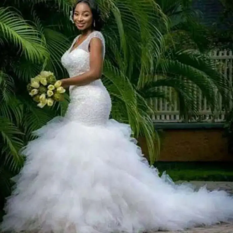 Bridal gowns tòa án đào tạo váy cưới 2024 Hot Bán v-cổ không tay đính cườm Nàng Tiên Cá ren trắng Vestido de noiva dài tay áo