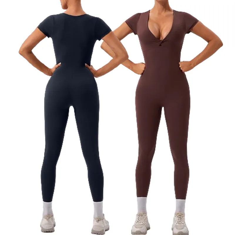 Nuevo traje deportivo Sexy elegante de una pieza para mujer, mallas de manga corta, ropa deportiva, ropa activa de Yoga, mono femenino de silicona