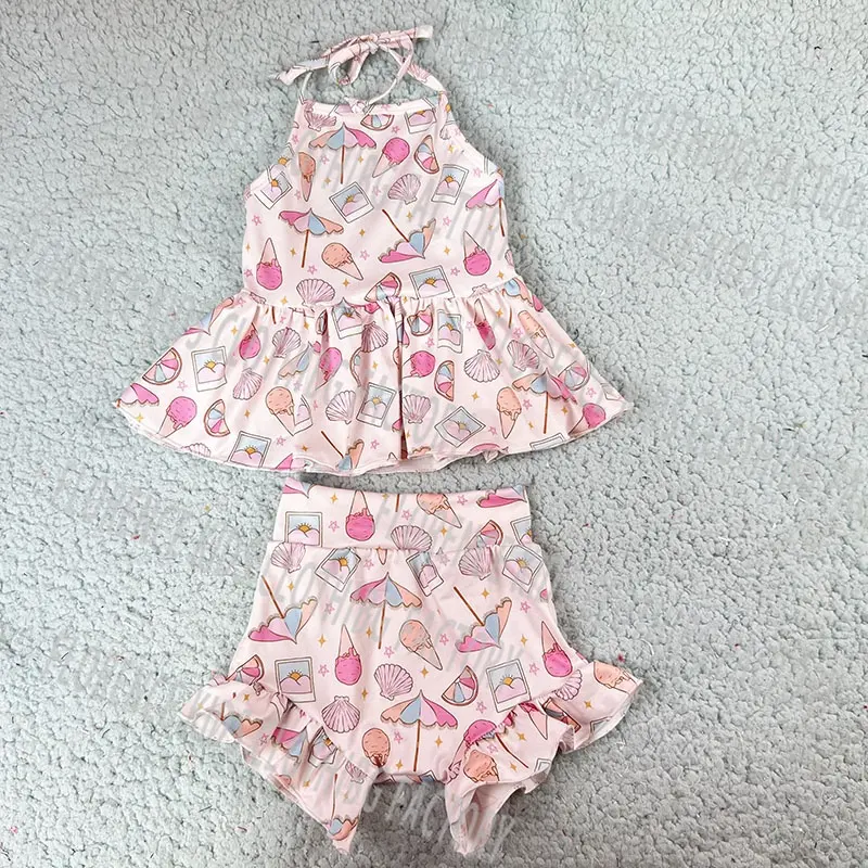 Conjunto de 2 peças para bebês e meninas, shorts com babado peplum e fibra de bambu personalizados para o verão, roupa infantil de 2 peças, produto OEM DH