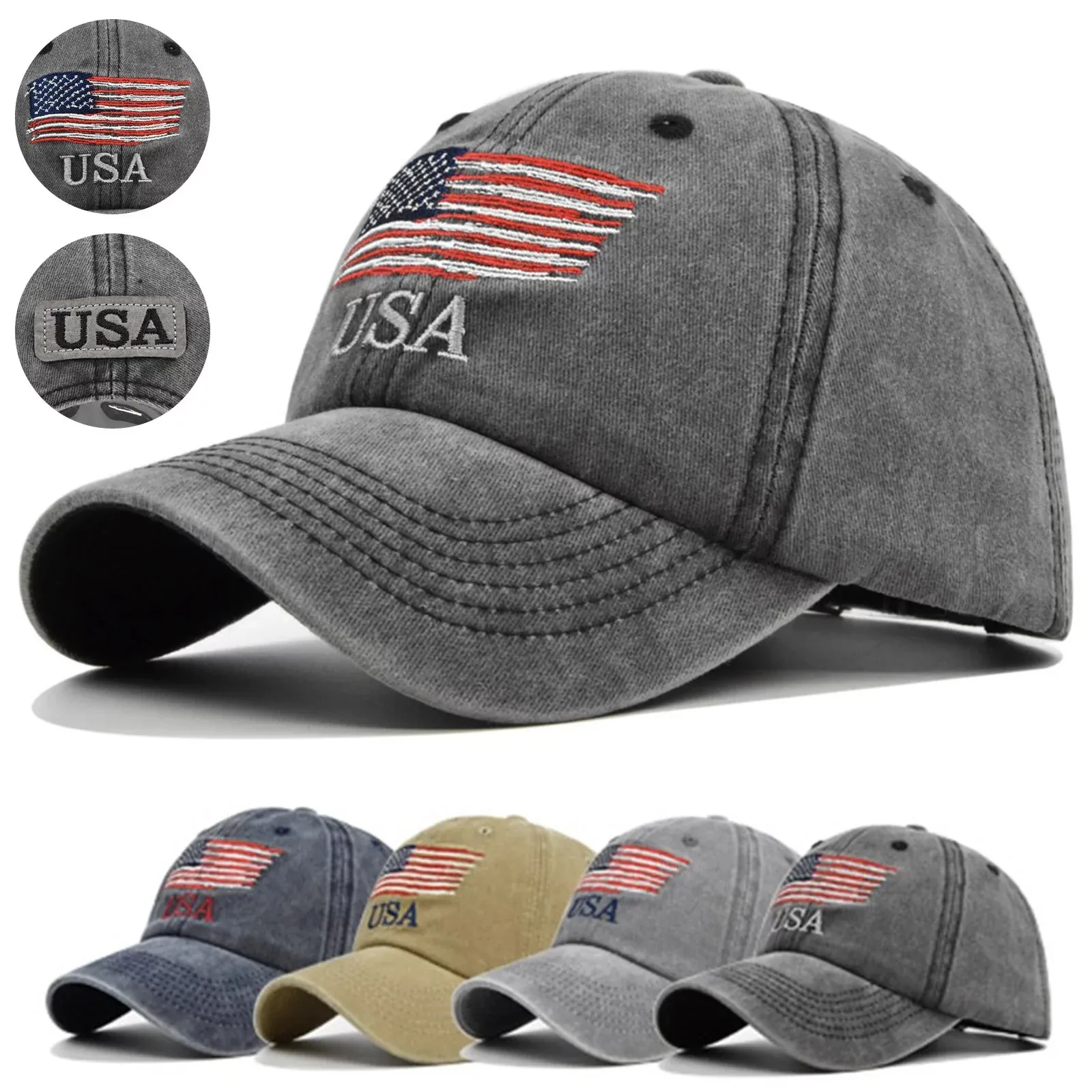 कस्टम डेनिम धुलाई कपड़ा बुना पैच ध्वज क्लासिक यूएसए सूती टोपी संयुक्त राज्य अमेरिका के ध्वज के साथ विंटेज बेसबॉल कैप