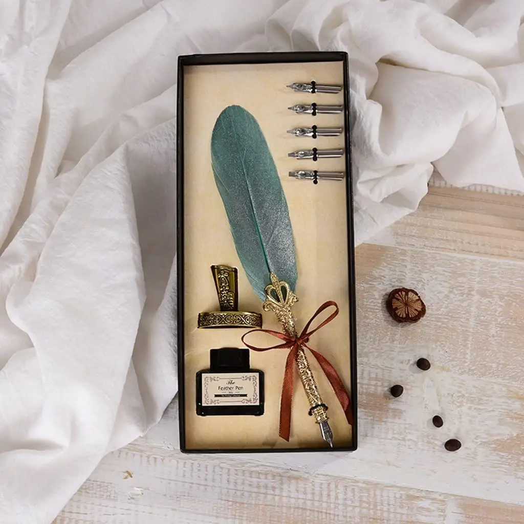Vintage Metal tüy el yapımı divit kalem kaligrafi yazma için Quill Set 5 hazretleri hediye kutusu ofis malzemeleri