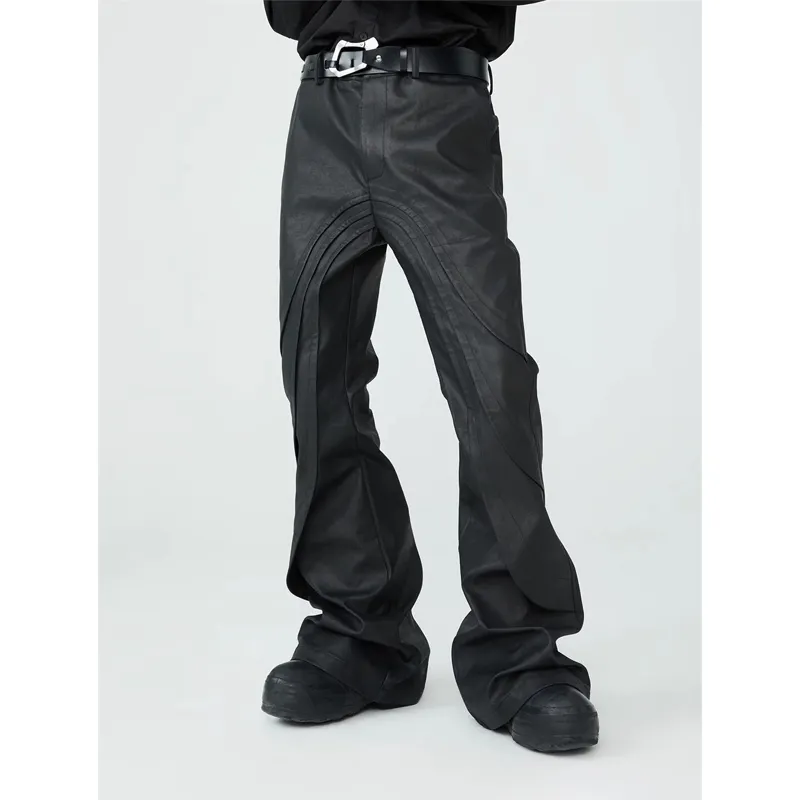 Personalizado 2023 vintage streetwear en capas Pu pantalones de cuero, Slim fit moda hombres pantalones de cuero de imitación Y2K