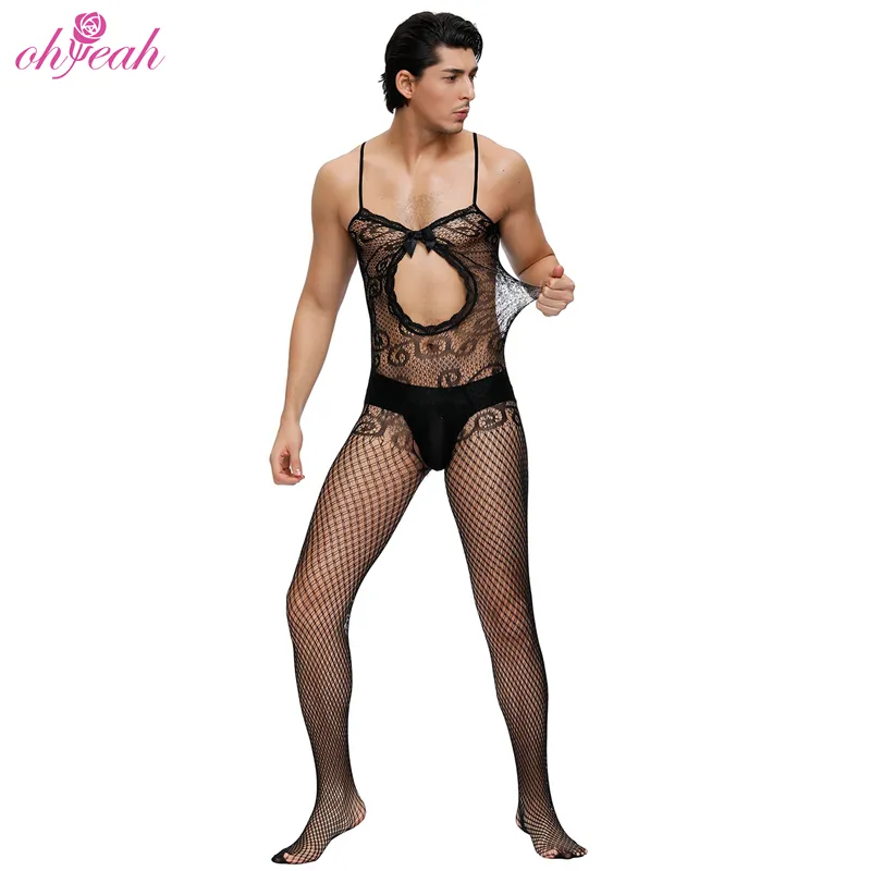 Vente en gros de sous-vêtements sexy pour hommes transparents entrejambe ouvert motif floral maille nylon bodystocking érotique pour hommes lingerie gay