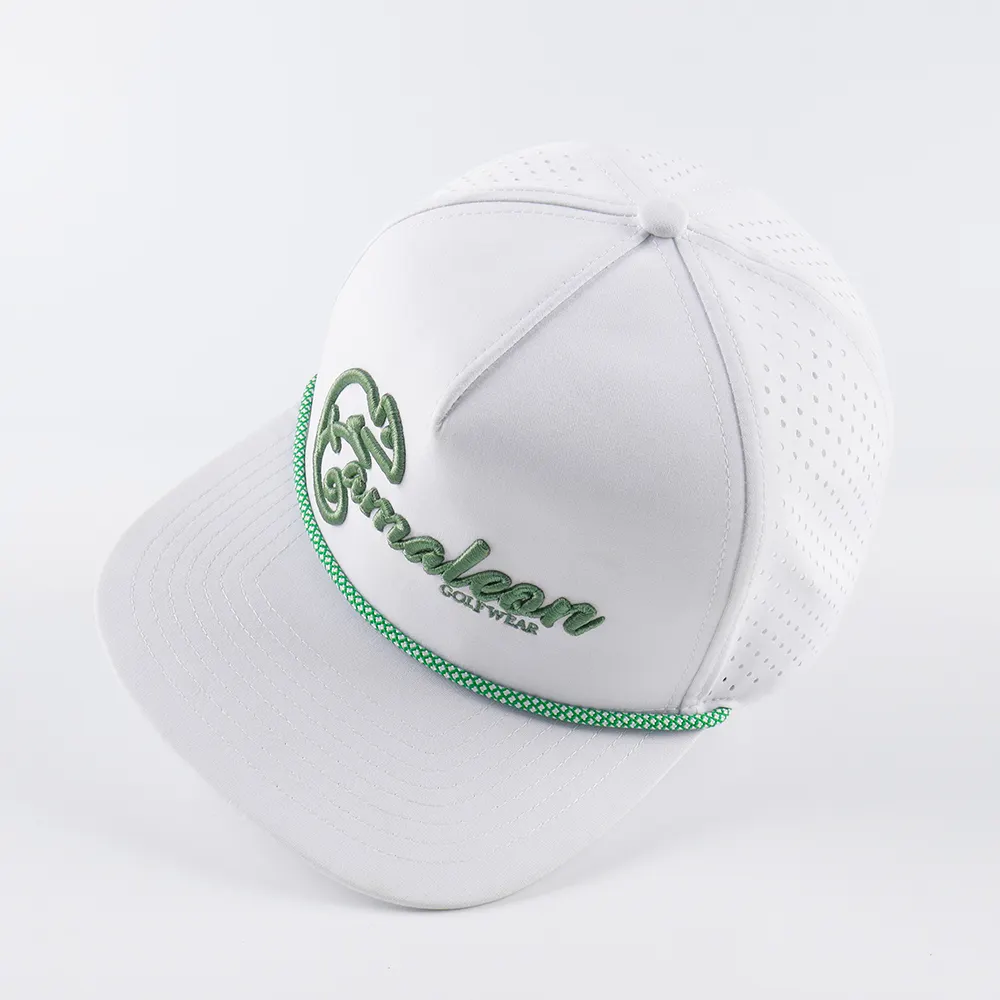 BSCI personalizado cuerda blanca gorra perforada 5 paneles de lujo 3D bordado Logo corte láser agujero perforado impermeable Golf Snapback gorra sombrero