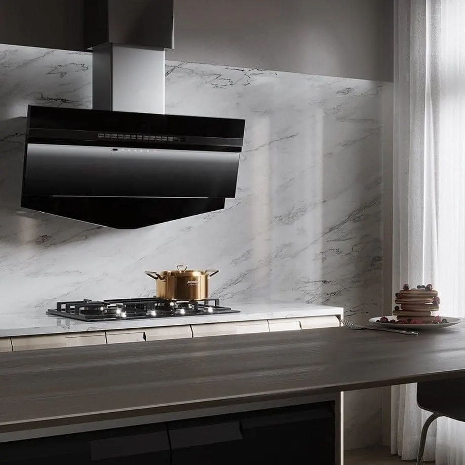 Exaustor de cozinha inteligente doméstico de 900 mm, exaustor inclinado de vidro preto, exaustor de cozinha com função de resfriamento ecológico