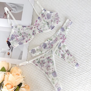 Цветочный принт, привлекательный сексуальный комплект бюстгальтера с регулируемыми стринги, без проволоки, дышащая сетка, удобный дизайн для больших бюстов - Product Image 6