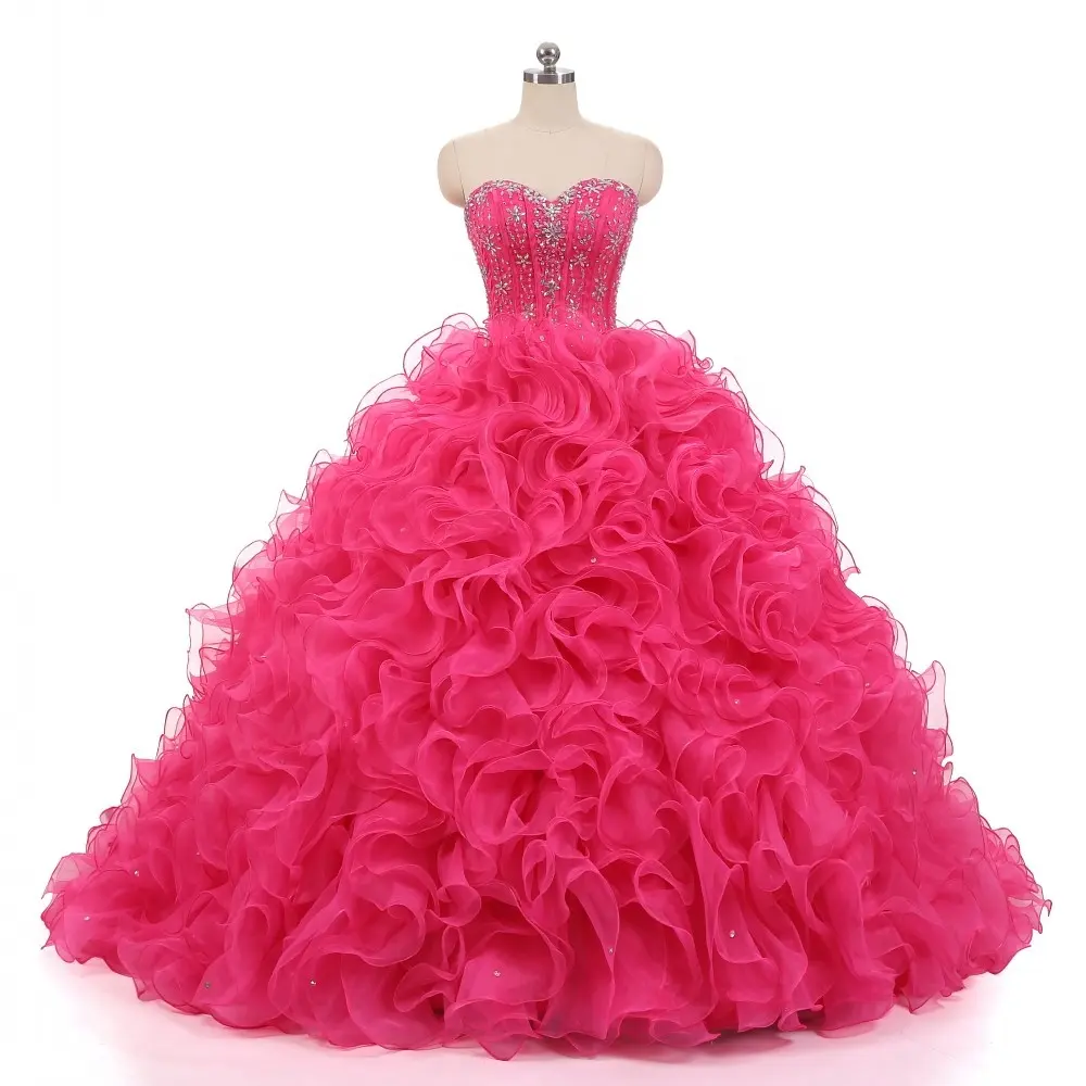 RUOLAI PEV-L3074 Hot Pink Sweetheart Ruffles Organza gonna perline piene e cristallo lucido Prom abito da ballo abito Quinceanera