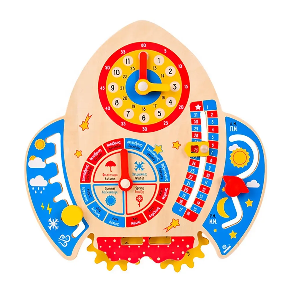 Calendario dell'orologio a razzo in legno lavagna appesa orologi giocattolo cognitivo per bambini educazione per la registrazione di insegnamento del tempo e del tempo dei bambini