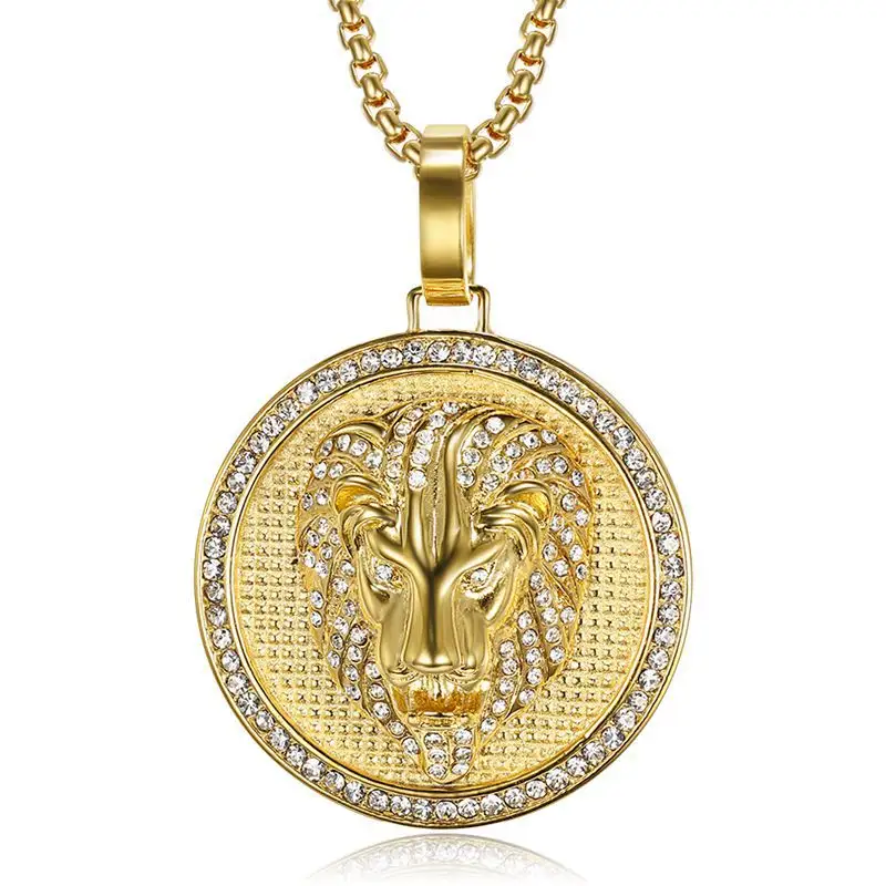 Personalizado atacado aço inoxidável ouro cristal leão pingente jóias medalhão colar