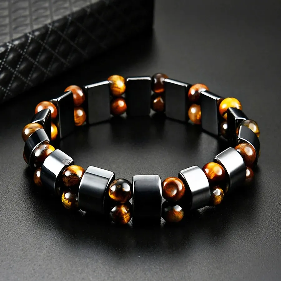 NUORO-pulsera de hematita de Ojos de tigre para hombre y mujer, brazalete de energía Natural, doble hematita, Ojo de Tigre