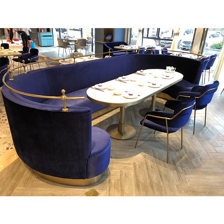 Meilleur prix Mobilier d'hôtel commercial personnalisé Banquette en forme de U bleu Banquette moderne pour restaurant Banc à vendre Tables à manger en bois