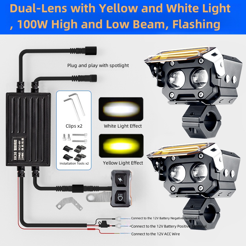 Ensemble de lentilles doubles pour moto avec câble de batterie intelligent