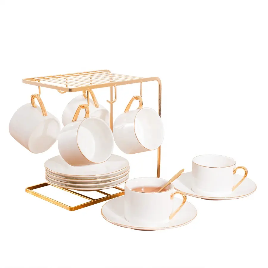 Tazza da caffè fatta a mano su misura da 8 once con manico in ceramica in oro unico set di tazze e piattini bianchi set di 6 tazze da tè