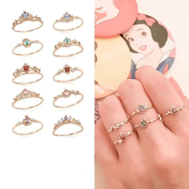 Fashion Design Princess Crown Rings Cartoon Brass Crown Shape CZ Zircon Beautiful Gold Rings for Cute Girls Opp Bag Women's 1pcs