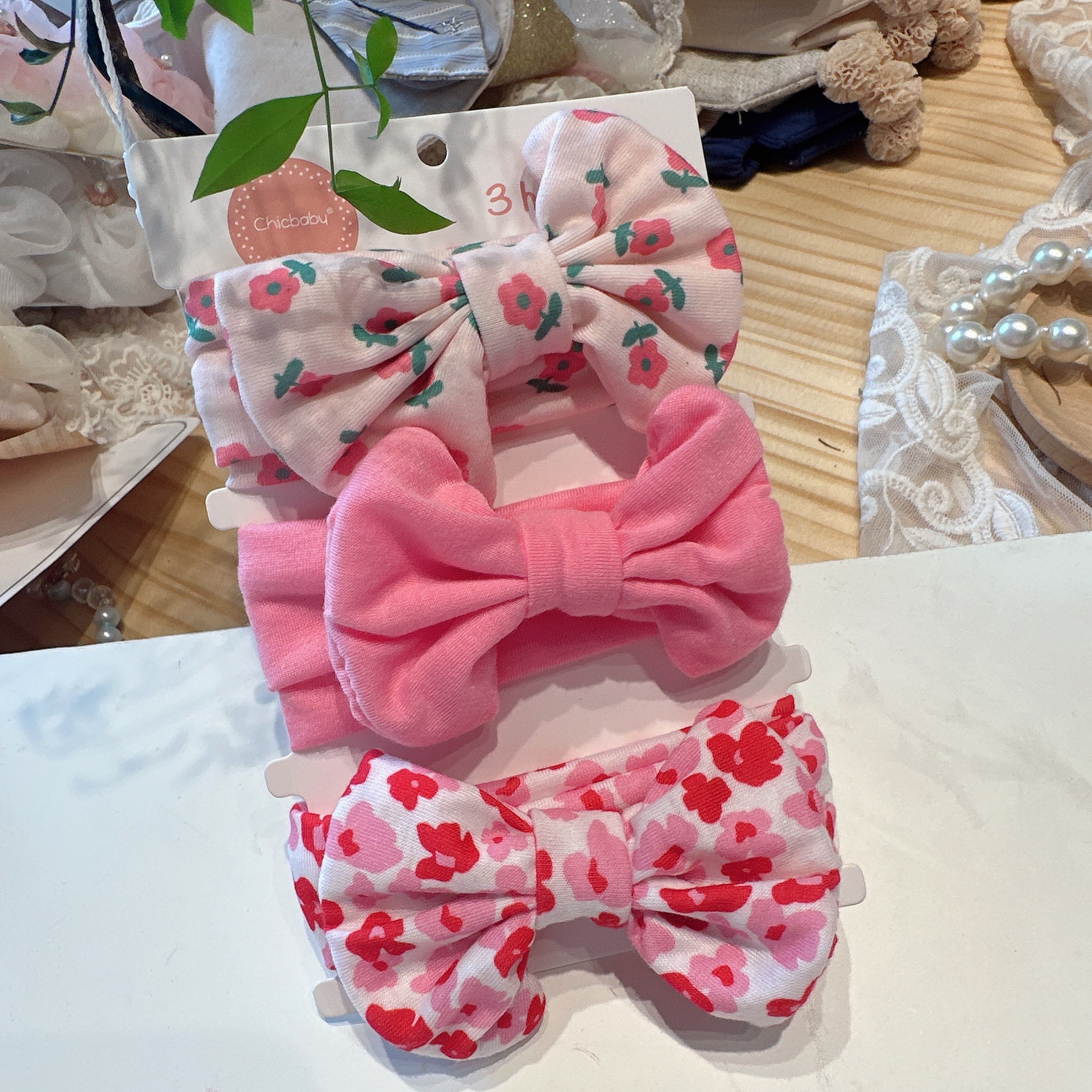 Conjunto de 3 piezas de algodón color rojo rosa "dos flores" 8663.