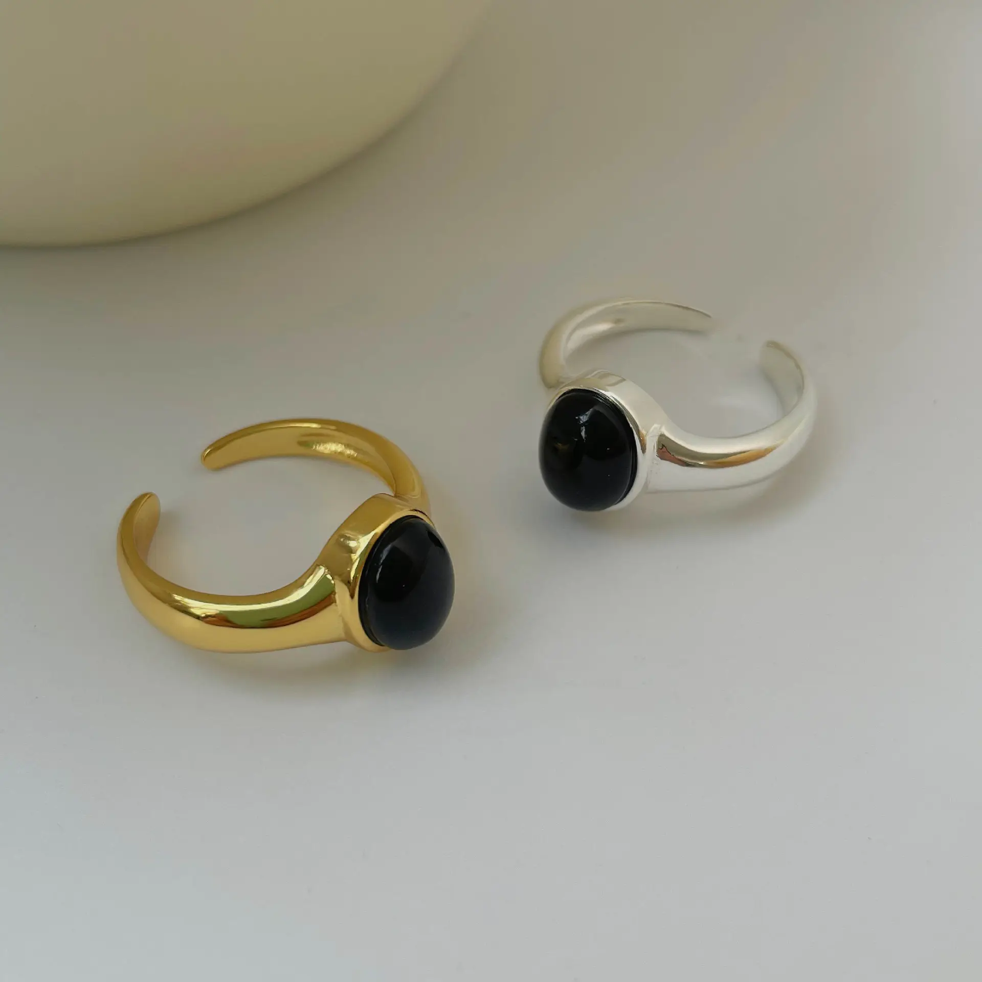 XIXI moda negro ónix piedra anillo ajustable dedo 925 Plata ágata moda joyería anillos para mujeres