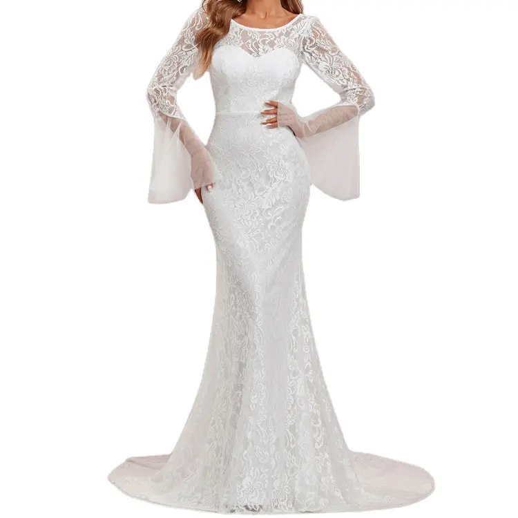 Sheer lace backless round neck ruffle sleeve fishtail floor length bridal wedding dress