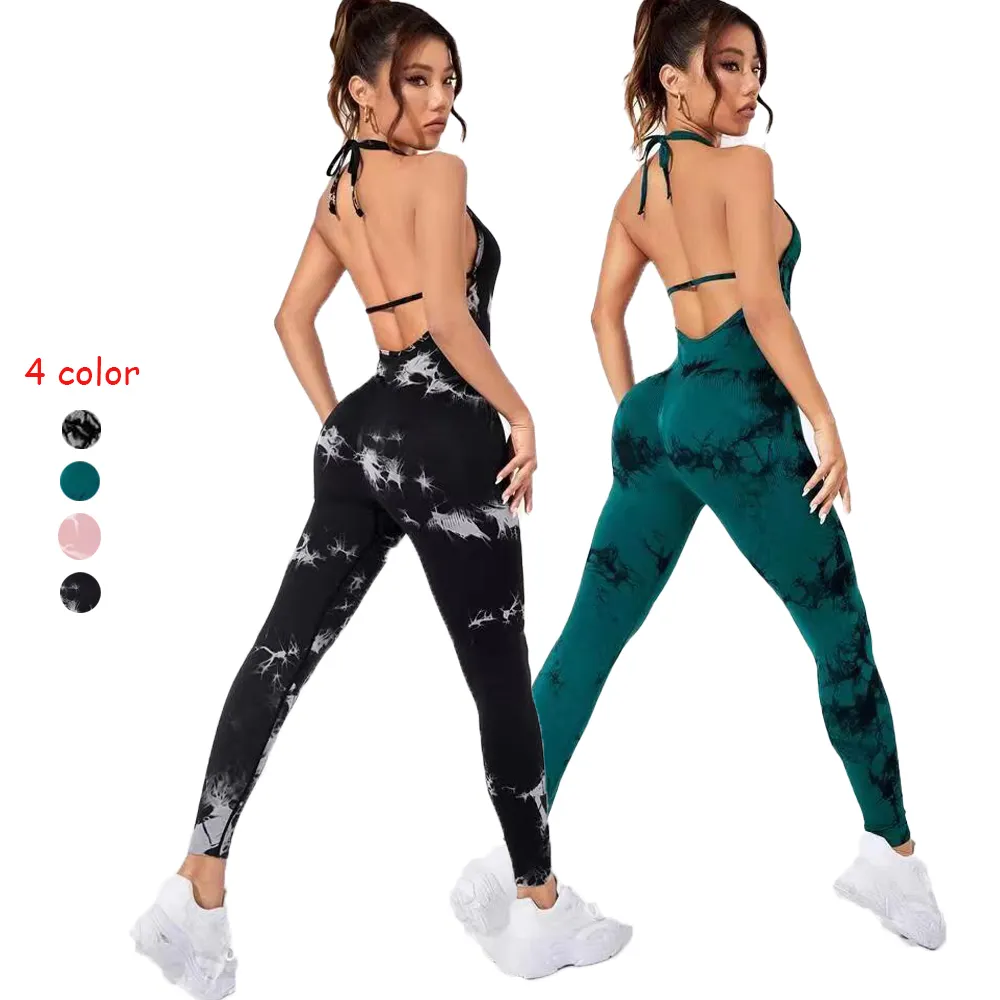 6 color New Sleeveless Backless Sporty tie dye Jumpsuit Women Sportswear One Piece Yoga Set Gym Workout Overalls Active Wear