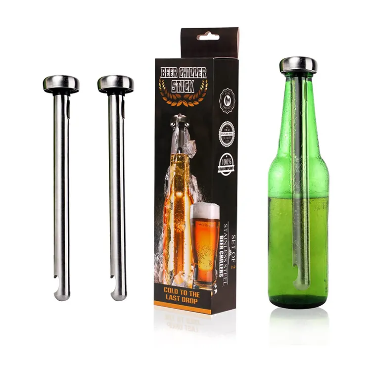 2 paket paslanmaz çelik 304 şişe soğutucu bira Chiller viski bira şarap içecek için dahili açacağı ile Sticks