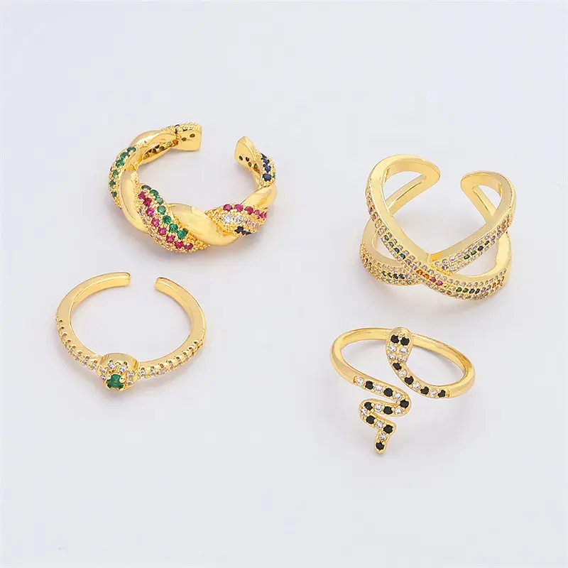 JXX vendita calda gioielli in rame placcato oro anelli di moda gioielli donna polsino anello aperto pietra zircone coloful cz anello