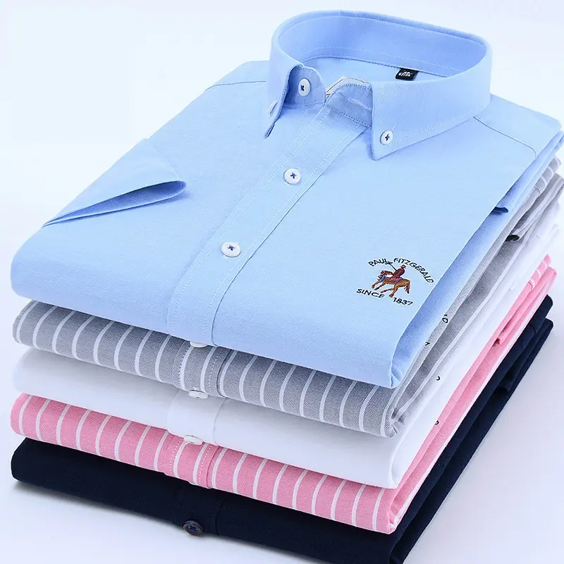 Ropa Formal para hombre, camisas de Material Oxford, camisas informales de manga corta a cuadros 100% de algodón con logotipo bordado en el pecho