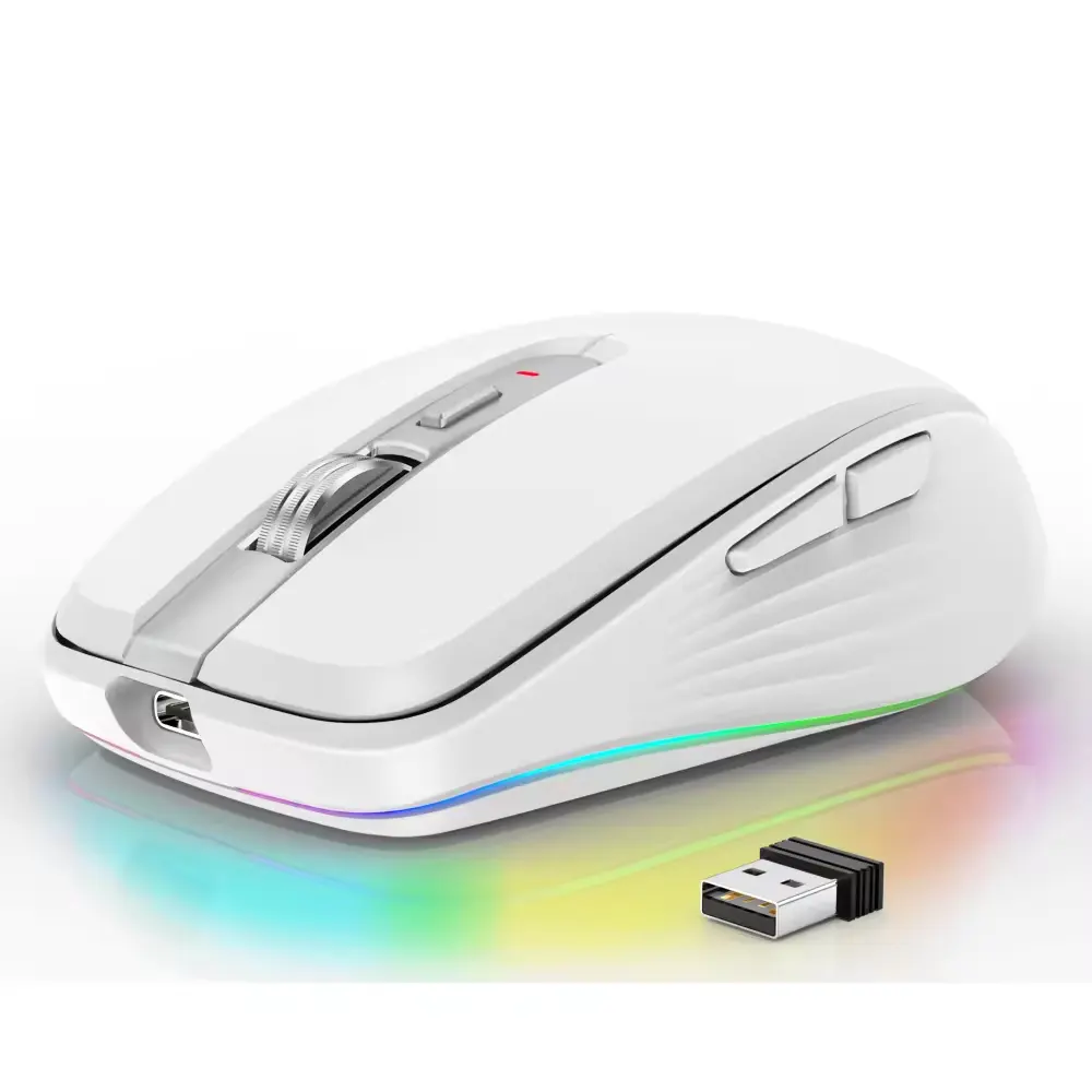 Wiederaufladbare kabellose Maus 2.4G+BT5.1 Doppelmodus RGB Gaming Maus ergonomische Maus 4 DPI-Option mit LED-Lichtdesign rosa weiß