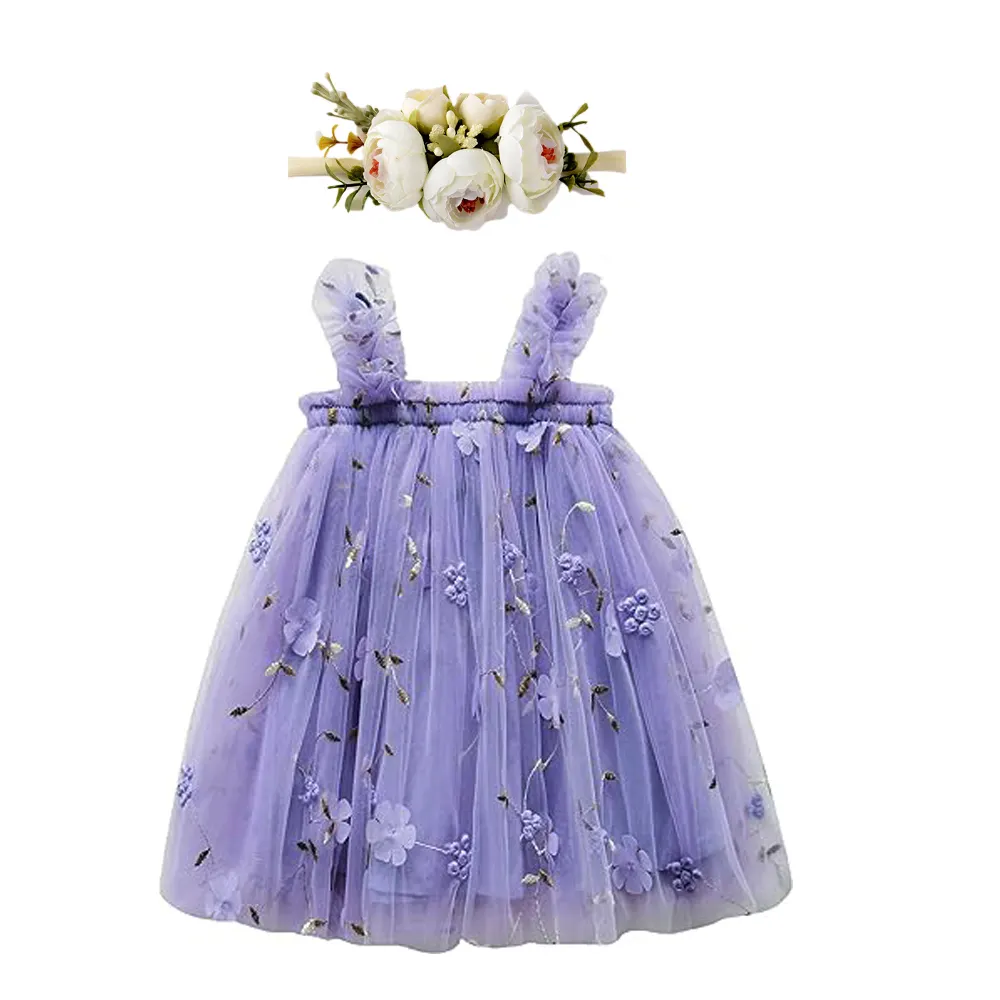 Mädchen Tütükleid ärmellos Lavender-Bludruck geschichtetes Tülle Hochzeitskleid kleine Prinzessin Tütükleider mit Blumen-Kopfband
