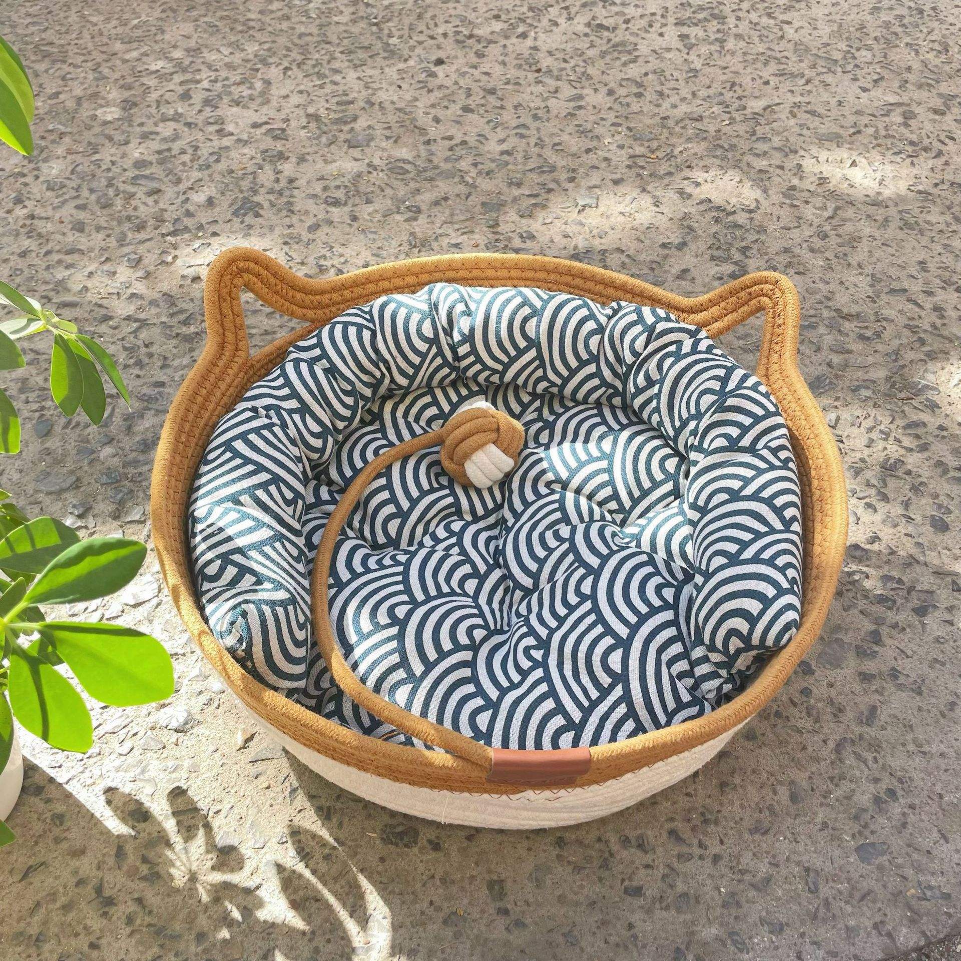 Chat blanc nes+Tapis bleu avec oreiller