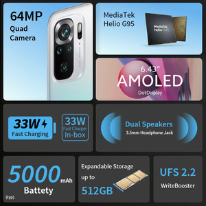 质量好Helio G95八核64MP四摄像头6.43 “AMOLED DotDisMobile Xiaomi Redmi Note 10S智能手机