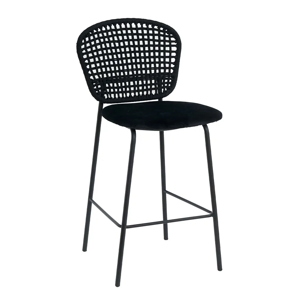 Cadeiras de cozinha modernas da cor preta trançadas, corda traseira, veludo, assento, bar, cadeira