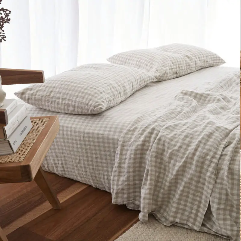 Grosir set seprai linen gingham murni, dekorasi sprei penutup selimut dengan renda cocok rok seprai di tempat tidur S