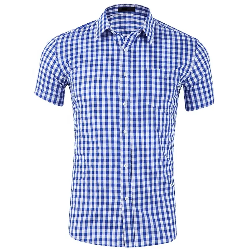 Camisa de algodão estampada xadrez manga curta, camisa casual respirável