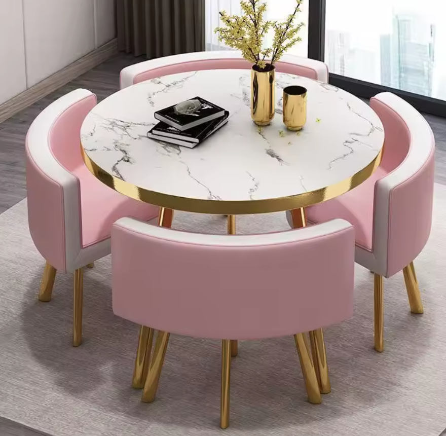 Tavolo con motivo pietra+4 sedie curve in pelle bianca e rosa