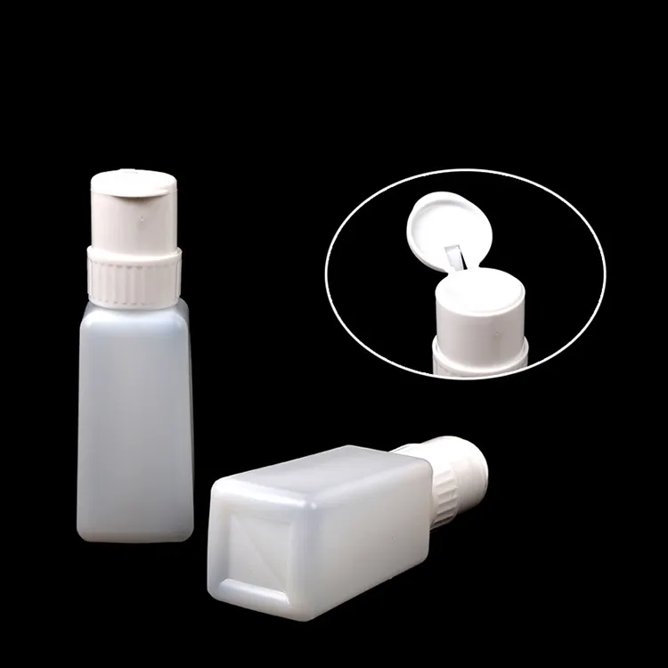 Garrafa vazia de plástico para unhas, design de prensa, esmalte recarregável, atacado, removedor de esmalte, garrafa dispensadora