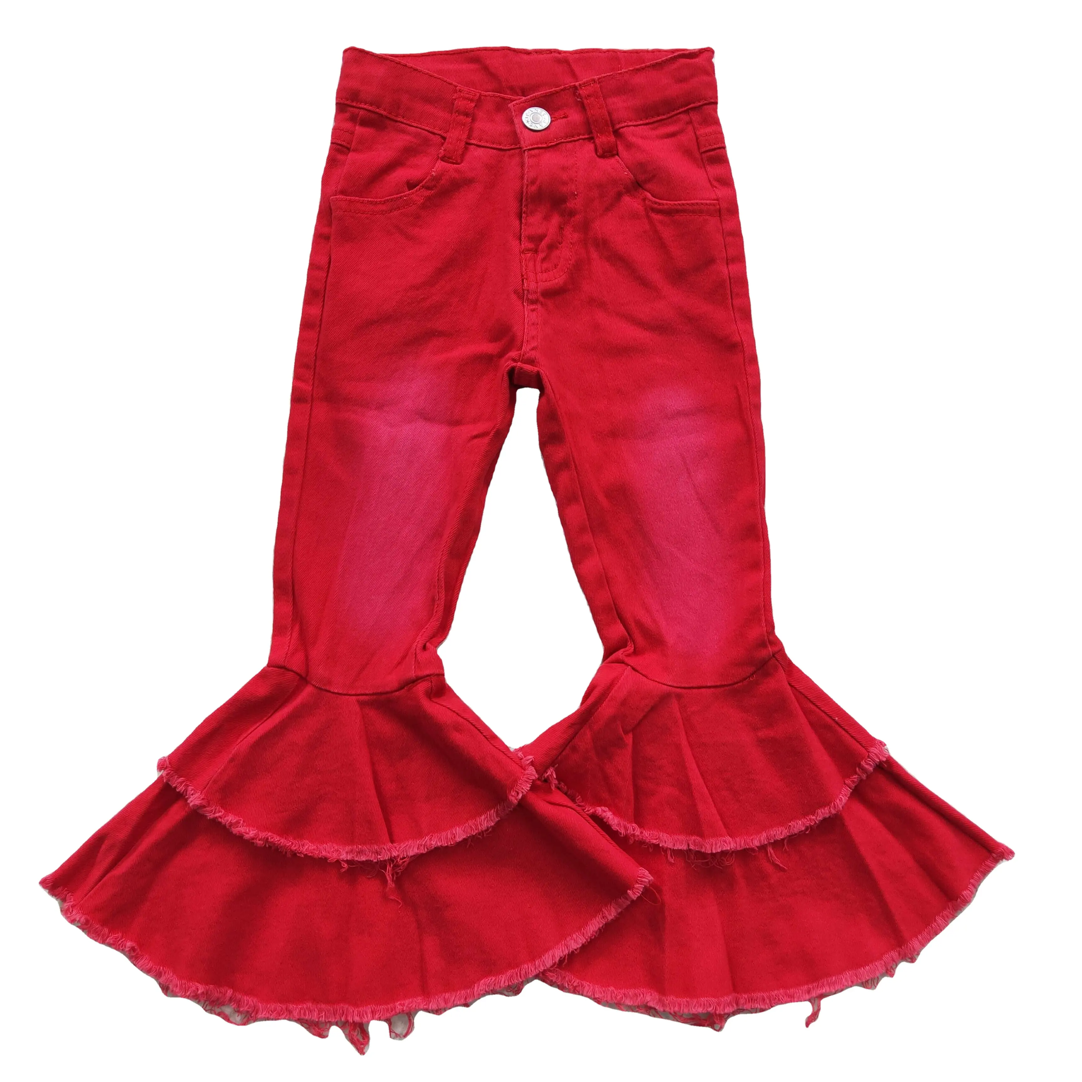 Baby Mädchen Jeans Mode Doppel Rüschen Bell-Bottom Jeans hose Kinder Red Flare Latzhose 1-14 Jahre