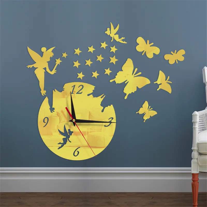 Pegatinas acrílicas para espejo, reloj de pared, diseño moderno, mariposa de hadas, 3D DIY, relojes Duvar Saati para niña, regalo, decoración del hogar para sala de estar