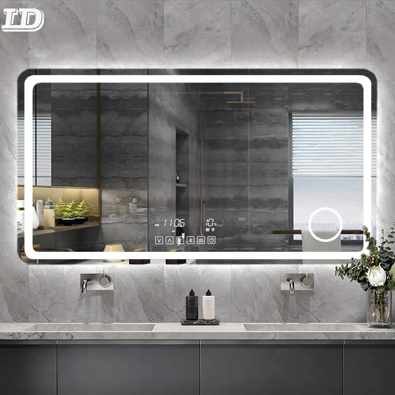 Espelho led de parede luxuoso para hotel, espelho inteligente de banheiro com data/clima/temperatura