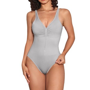 Nhỏ V cổ màu xám Yoga mặc thoáng khí mỏng liền mạch dây kéo Jumpsuit backless ngực nhăn nheo thiết kế công ty cộng với kích thước giữ gìn - Product Image 2