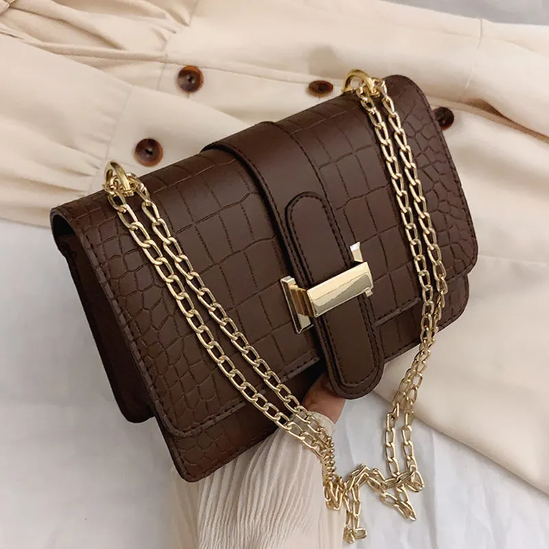 Bolso de hombro cuadrado minimalista para mujer, bolsa cruzada con patrón de cocodrilo y cadenas, a la moda, barata