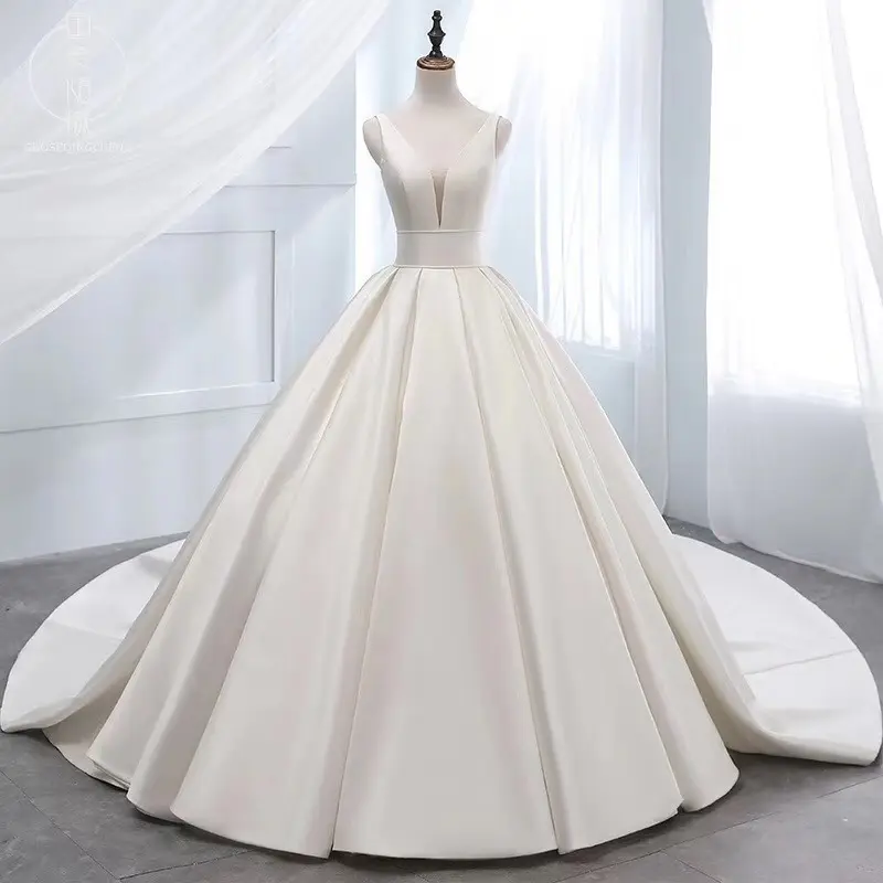 Vestido de noiva tamanho grande, s418f 2021 novo duplo ombro de cetim simples tamanho médio da cintura grande