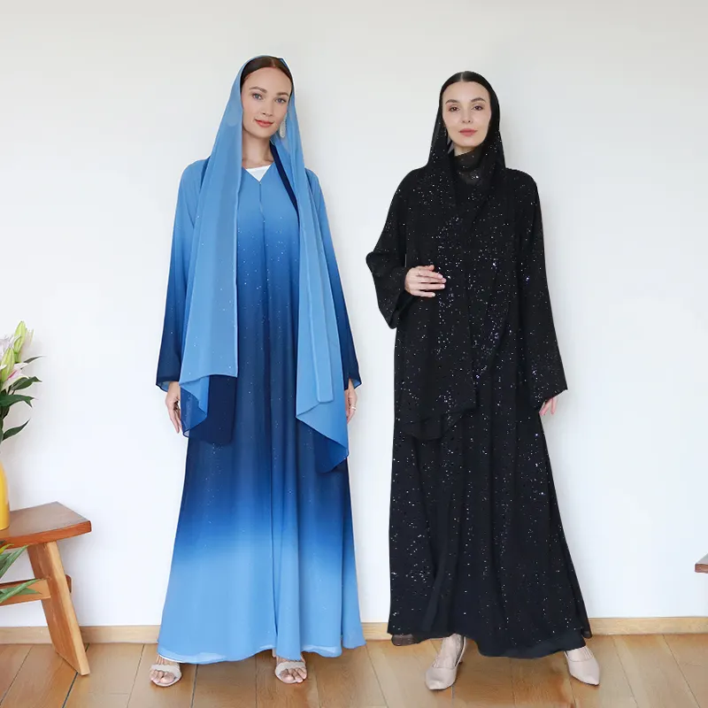 इस्लामिक कपड़े कार्डिगन किमोनो अबाया मेडरन ग्लिटर मुस्लिम ड्रेस कस्टम दुबई ग्रेडिएंट ग्लिटर अबाया शिफॉन हॉट सेल
