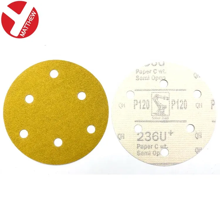 Papel de lija abrasivo de disco redondo amarillo con parte posterior de Flocado de óxido de aluminio de 5 pulgadas con 6 agujeros