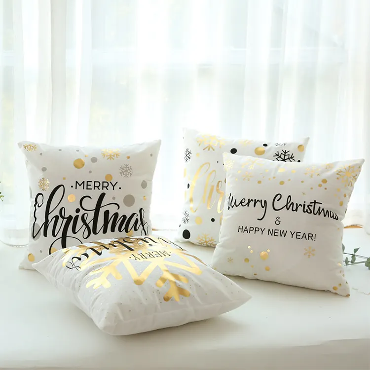 Wholesale Foil Print Gold Christmas Pillow Covers, Foil Print Christmas Cushion, Gold Cushion Cover Christmas