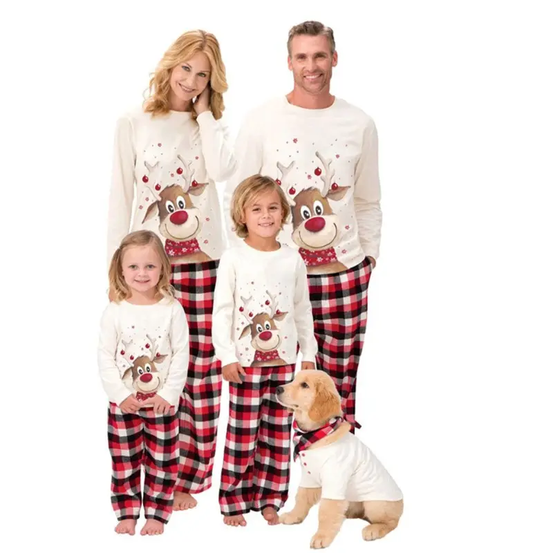 Bon prix Nouveau produit Automne Elk Imprimer Pantalon à carreaux à manches longues Pyjamas Ensembles de pyjamas de famille de Noël