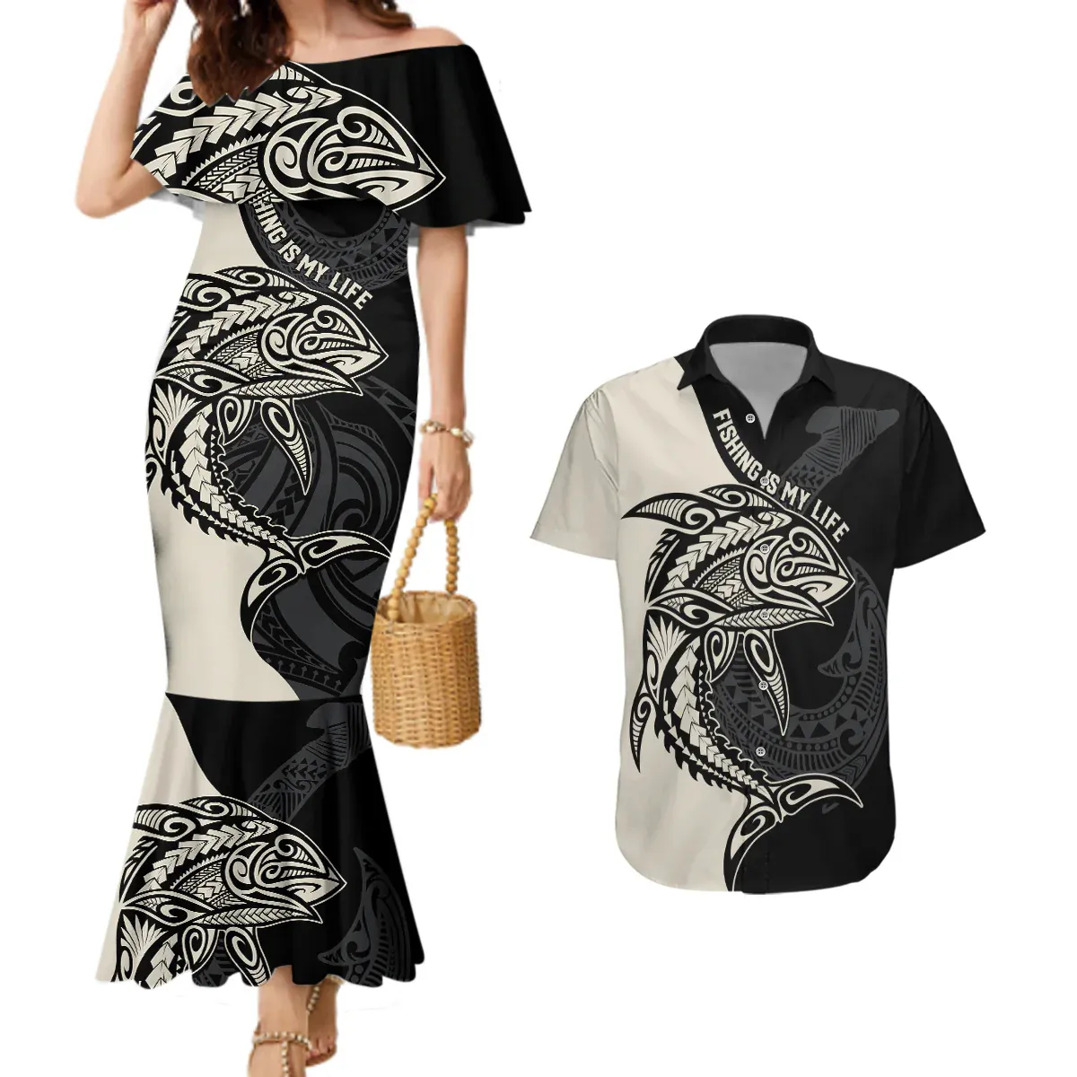 Camisa havaiana estampada personalizada e vestido de sereia combinado com roupa de casal de pescadores polinésia por atacado saia maxi de um ombro