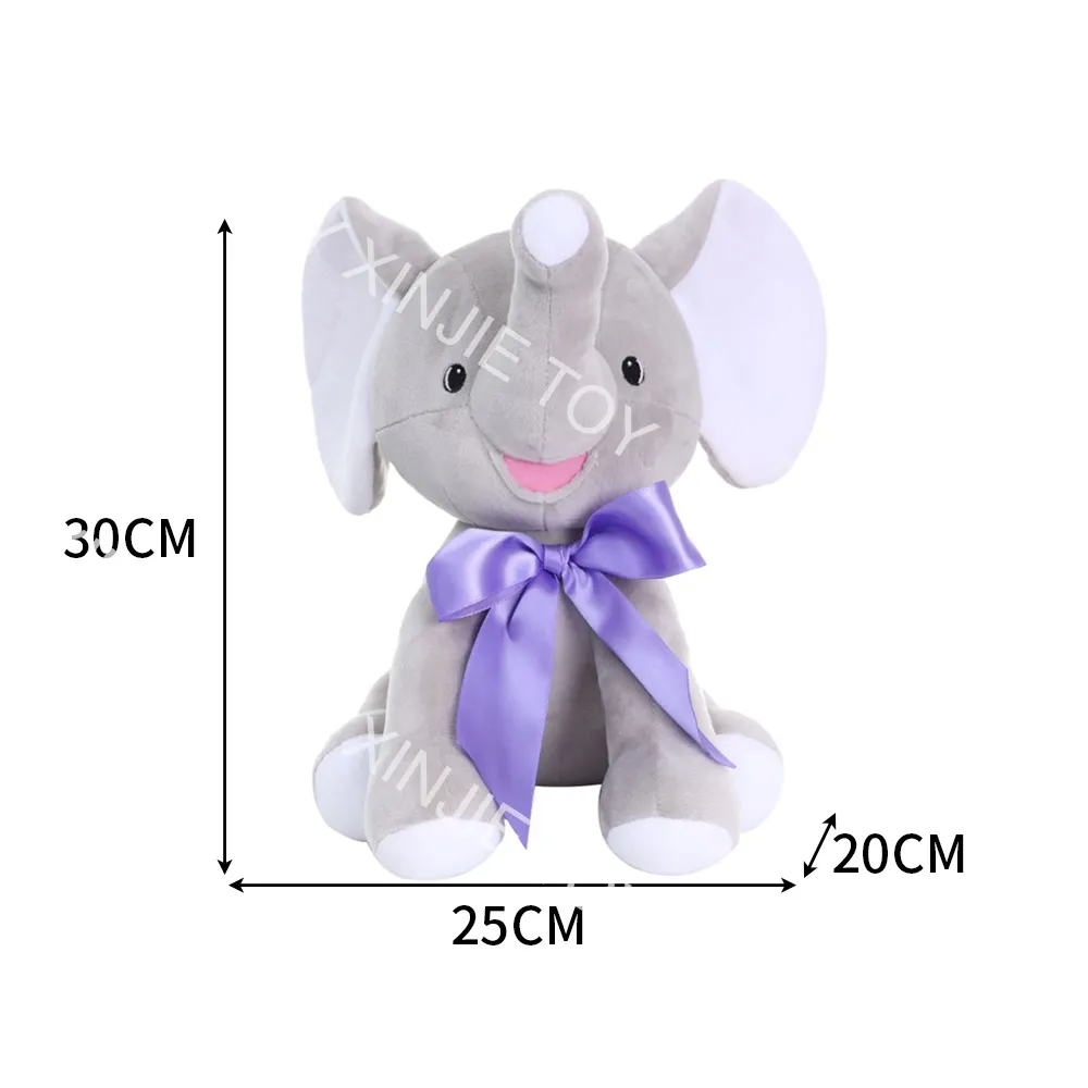 Custom cartoon plush 30CM sitting grey elephant toy with violet bowknot Cute plush big ears elephant toy for birthday gift
