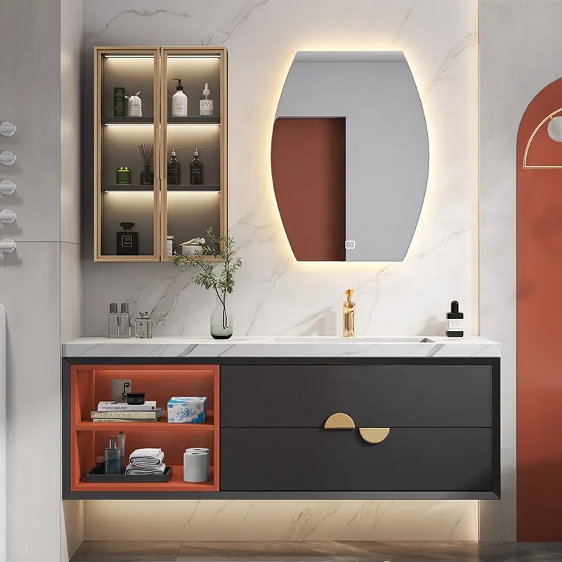 Suporte de parede madeira sólida vanity banheiro armário com espelho led