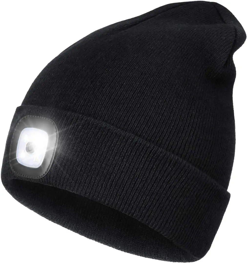 Gorro lanterna recarregável usb unissex, led, sem 4 leds, de malha, noturna, iluminada, para inverno